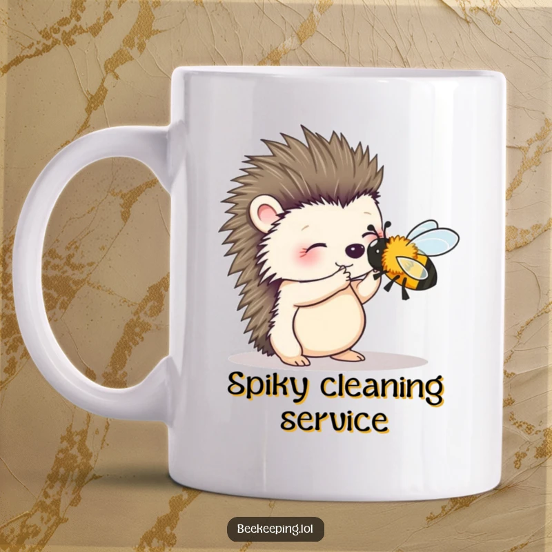 Funny mug featuring a wobbly hedgehog meticulously trying to brush a small bee, showcasing a delicate and humorous interaction.