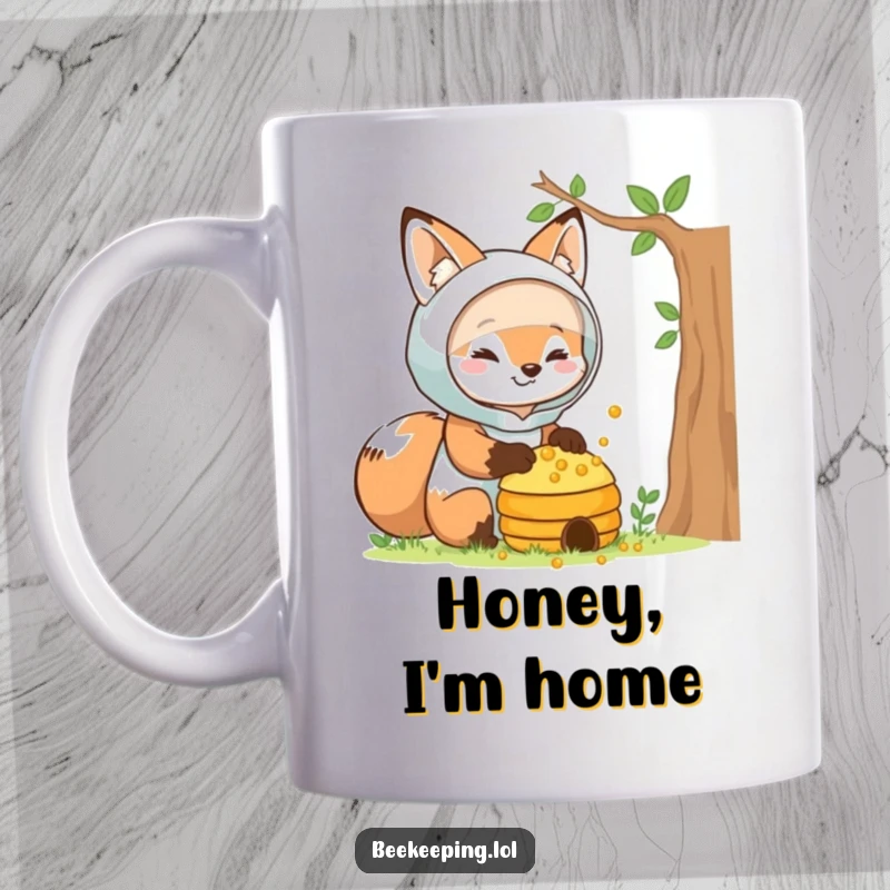 Funny fox beekeeper mug, smiling in a protective suit, gently tending a beehive with a kind expression, a sweet animal gift.