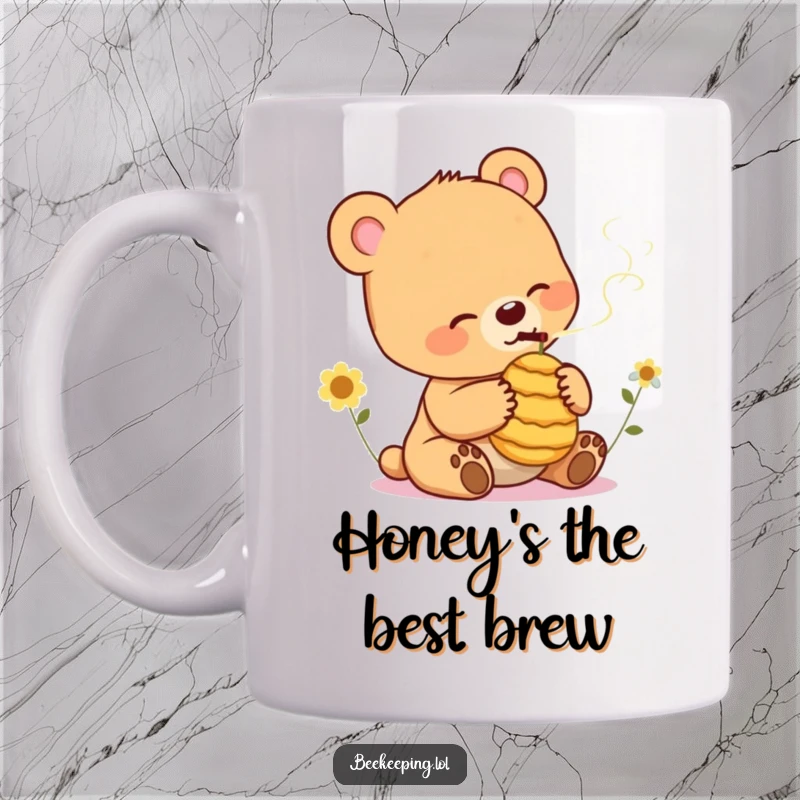 Funny Bear Cub Mug: A cheerful, relaxed bear cub gently smoking a small beehive, radiating calm and mischief.