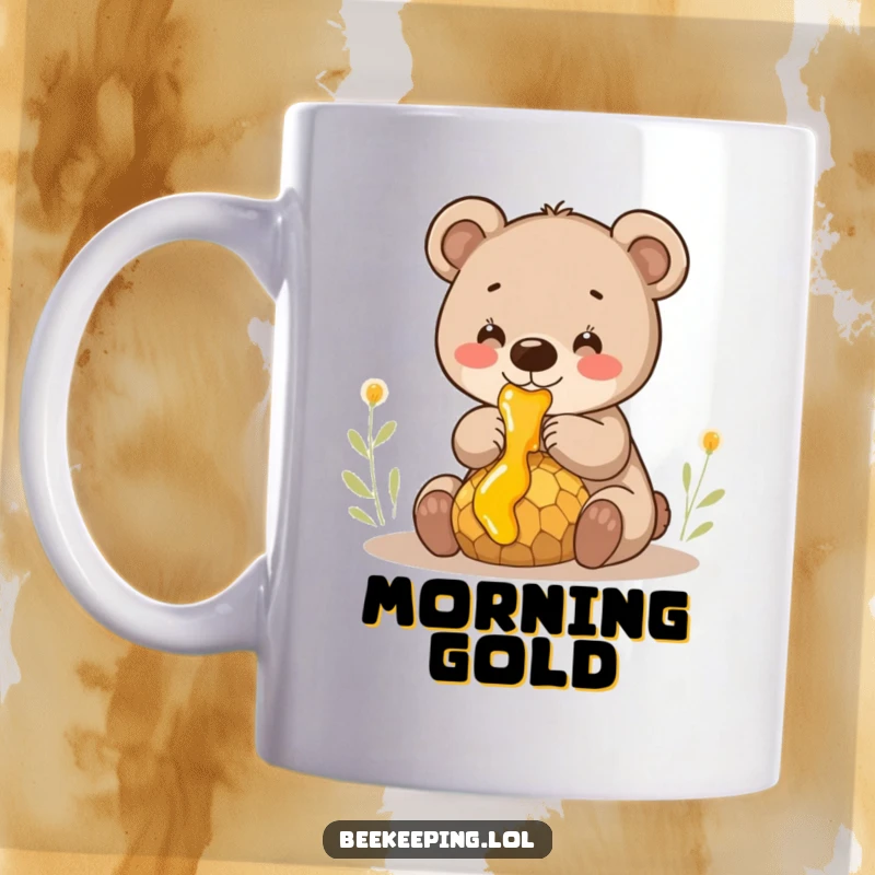 Funny smiling bear cub gently collecting honey from a dripping comb, a delightful graphic for a ceramic mug.