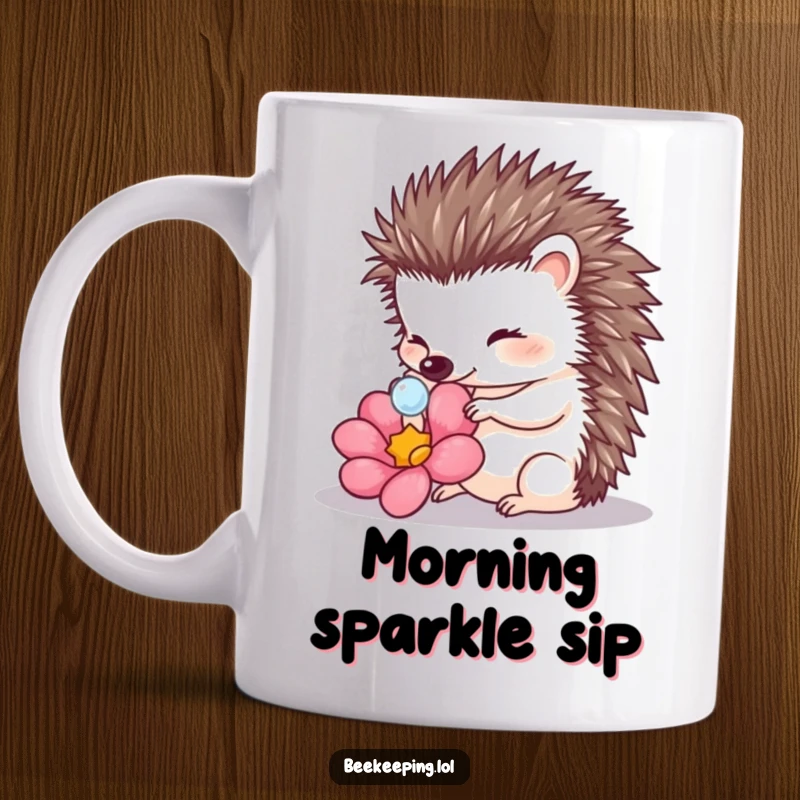 Funny Hedgehog Touching Dewdrop Mug: A charming hedgehog gently touches a dewdrop on a flower petal, showcasing delicacy.