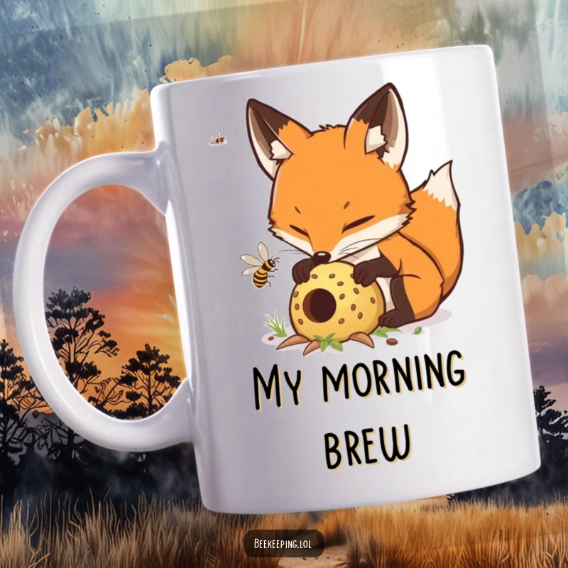 Funny determined fox carefully tending to a buzzing hive, a whimsical graphic for a coffee mug.