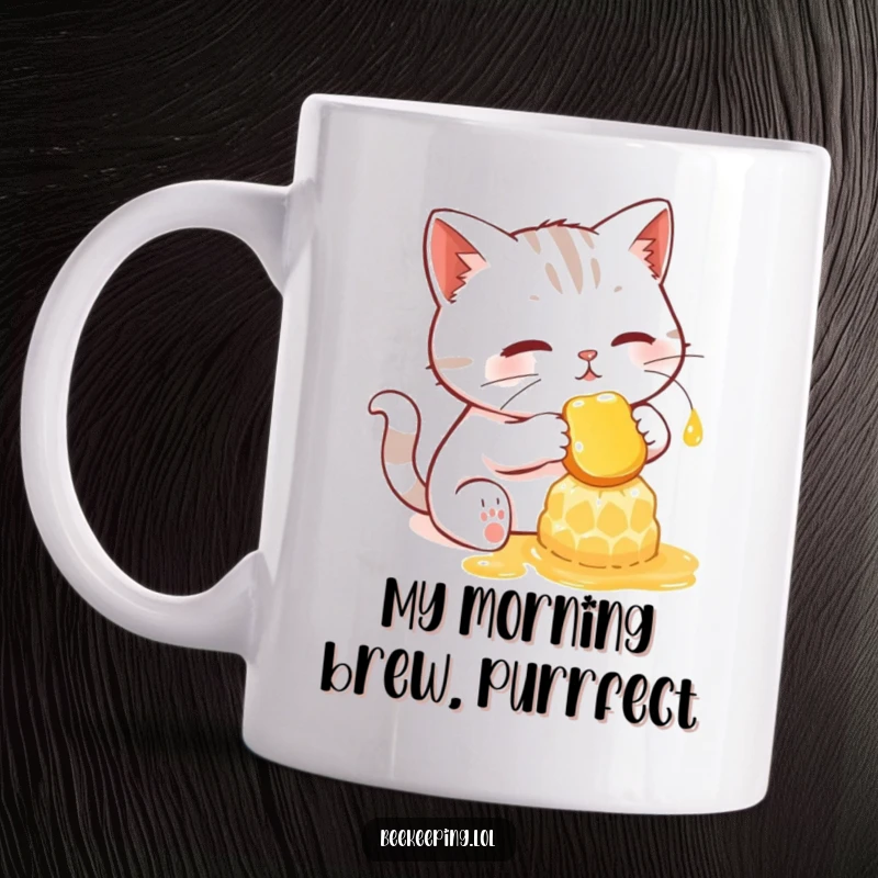 Funny mug showing a determined cat gently gathering honey from a glowing, intricate honeycomb.