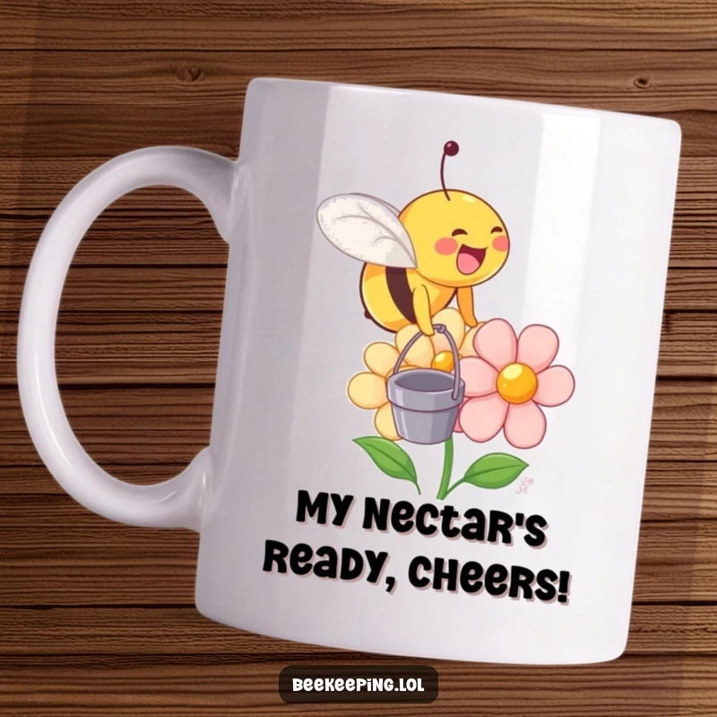 Funny mug showing a small, joyful bee with a tiny bucket landing on a cheerful, smiling flower.
