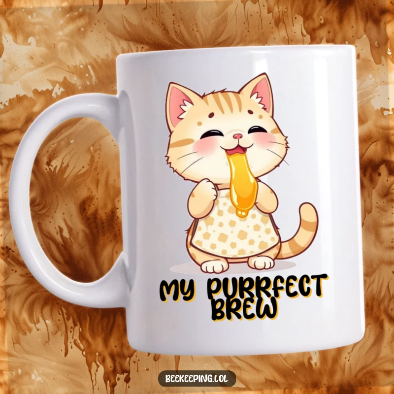 Funny playful cat wearing a patterned apron, tasting honey, a delightful graphic for a coffee mug.