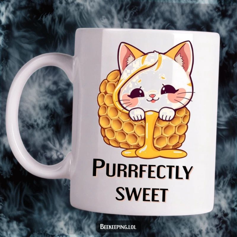 Funny giggling cat mug, peeking into dripping honeycomb, curious and delighted expression, sweet and humorous feline art.