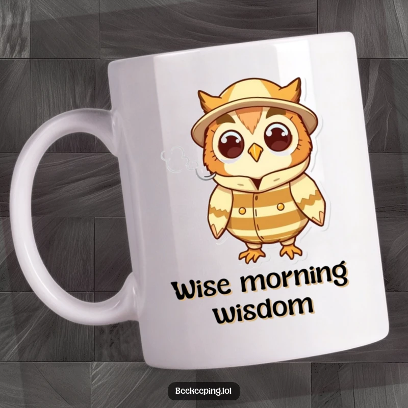 Funny cheerful owl in a beekeeper suit, holding a puff of smoke, a delightful graphic for a coffee mug.