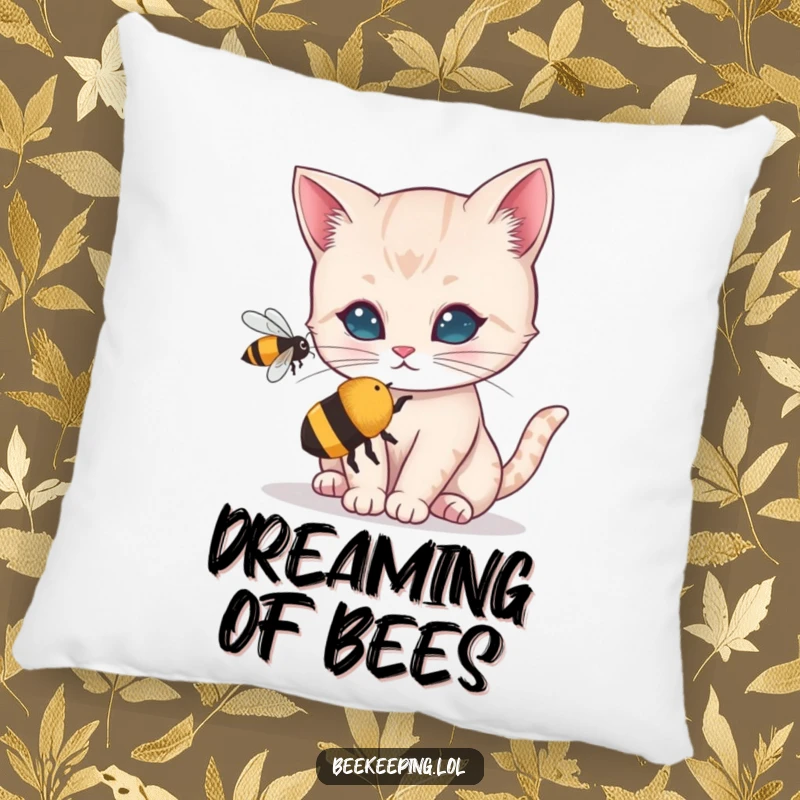 Funny pillow showcasing a curious cat examining a small buzzing bee. Soft and humorous decor for sofas and beds.
