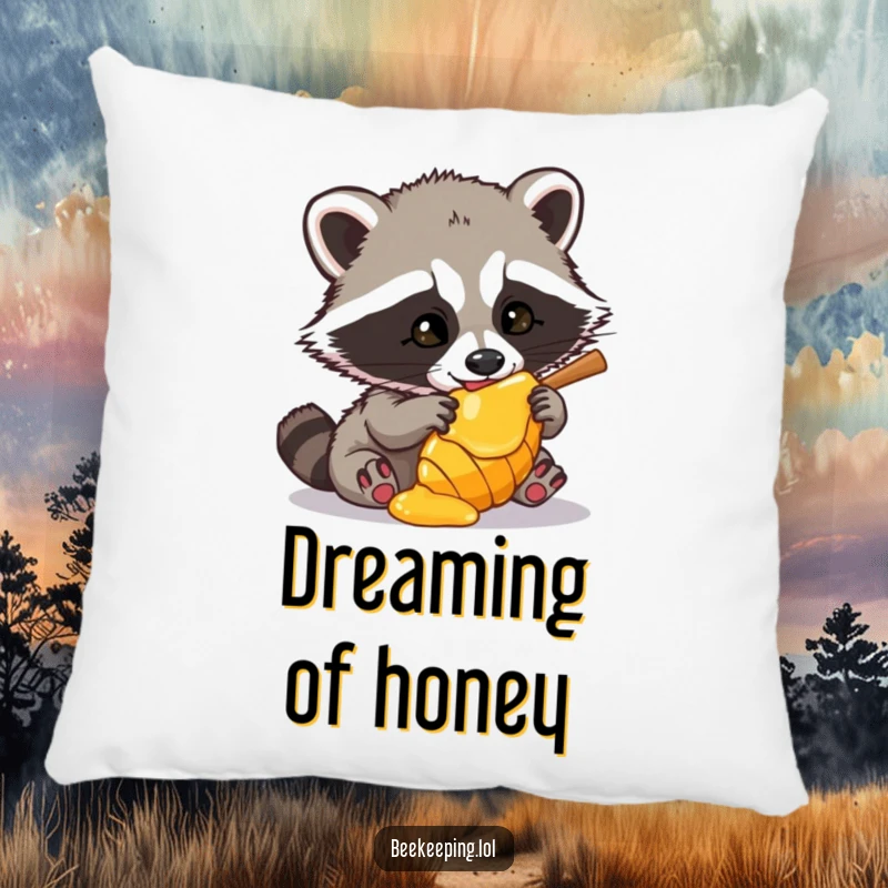 Funny Raccoon Pillow featuring a cute, mischievous raccoon trying to get honey from a comb, a soft and funny decorative item.