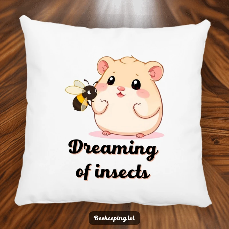 Funny Hamster Pillow featuring a plump hamster with wide eyes staring at an oversized bee, a soft and funny decorative item.