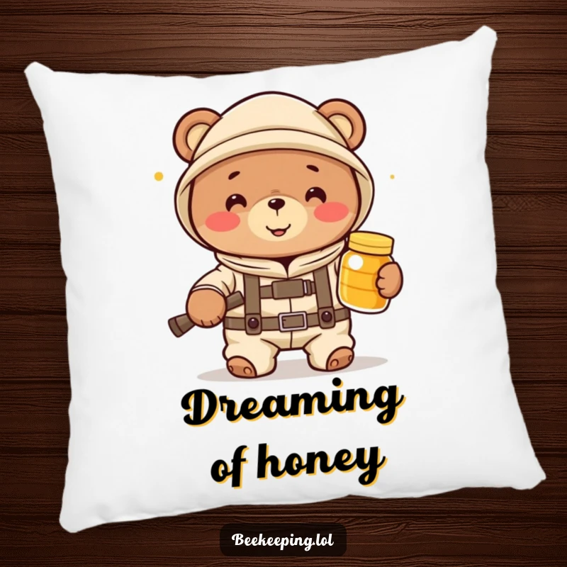 Funny bear beekeeper in a suit holding honey, offering comfort and humor on a soft, decorative pillow.