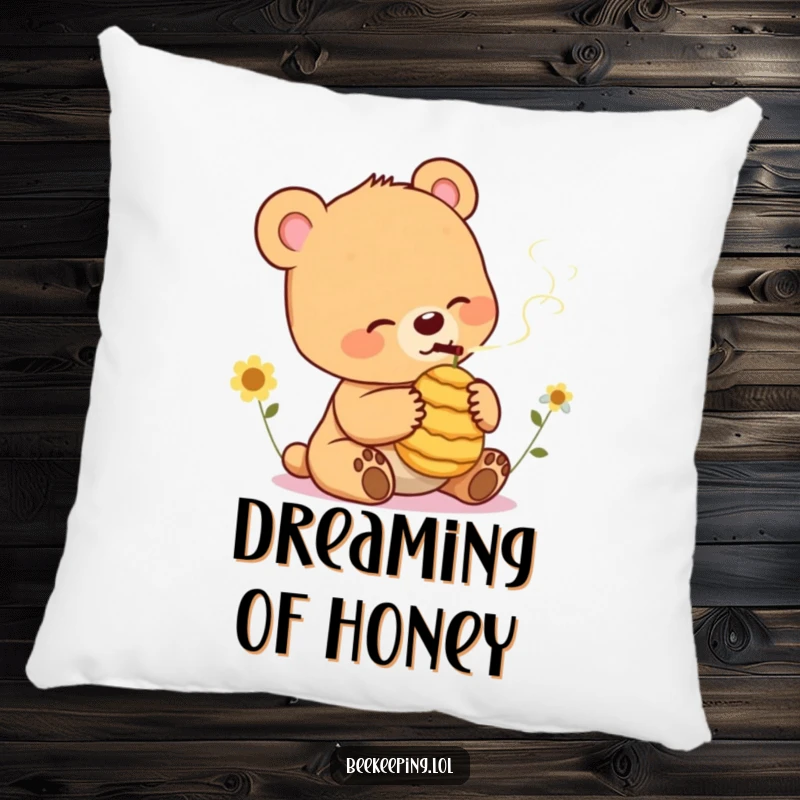 Funny Bear Cub Pillow: Soft, comfortable pillow featuring a relaxed bear cub gently smoking a small beehive, pure cozy humor.