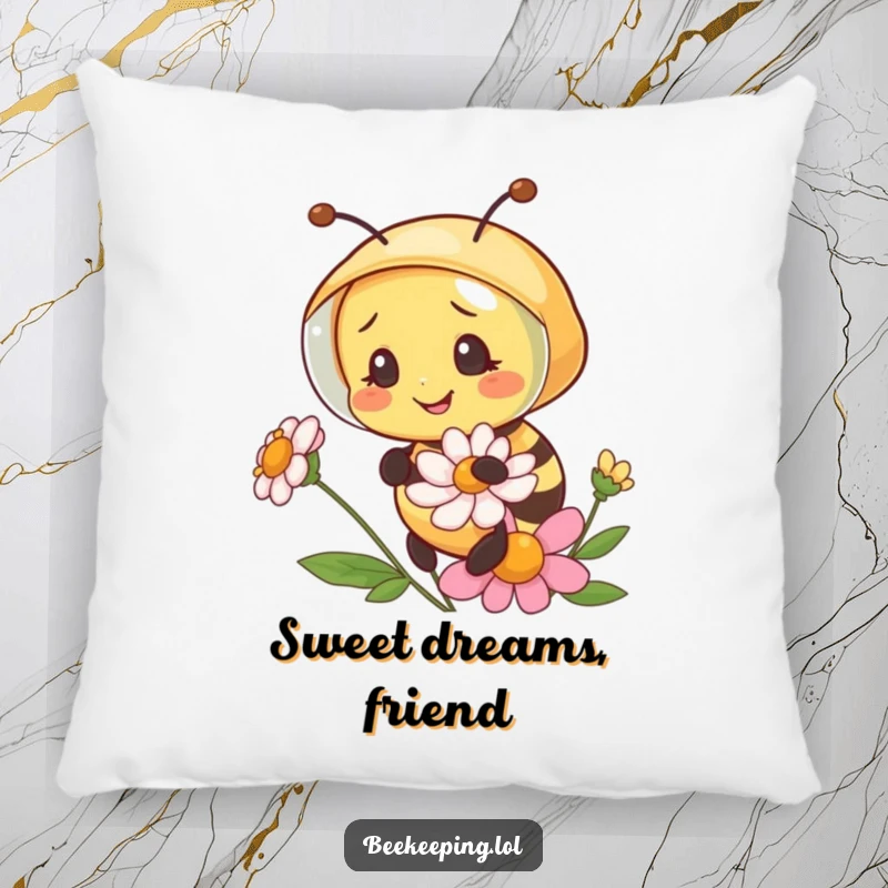 Funny happy bee in a tiny beekeeper veil, examining a flower, a soft and humorous decorative pillow.