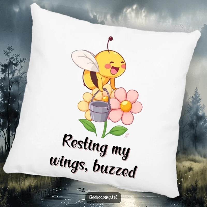 Funny pillow featuring a happy bee with a small bucket approaching a smiling flower.