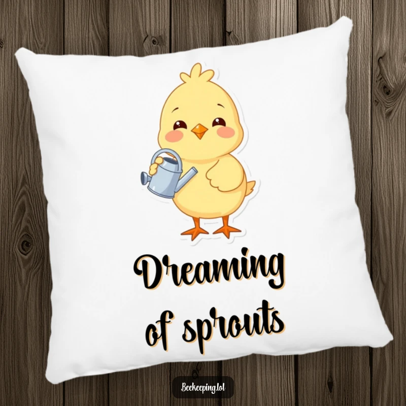 Funny chick holding a tiny watering can, featured on a soft pillow, adding a cheerful and humorous touch to home decor.