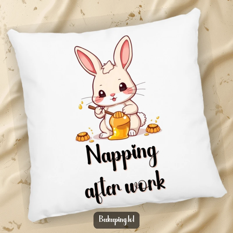 Funny determined rabbit collecting honey, offering comfort and encouragement on a soft decorative pillow.