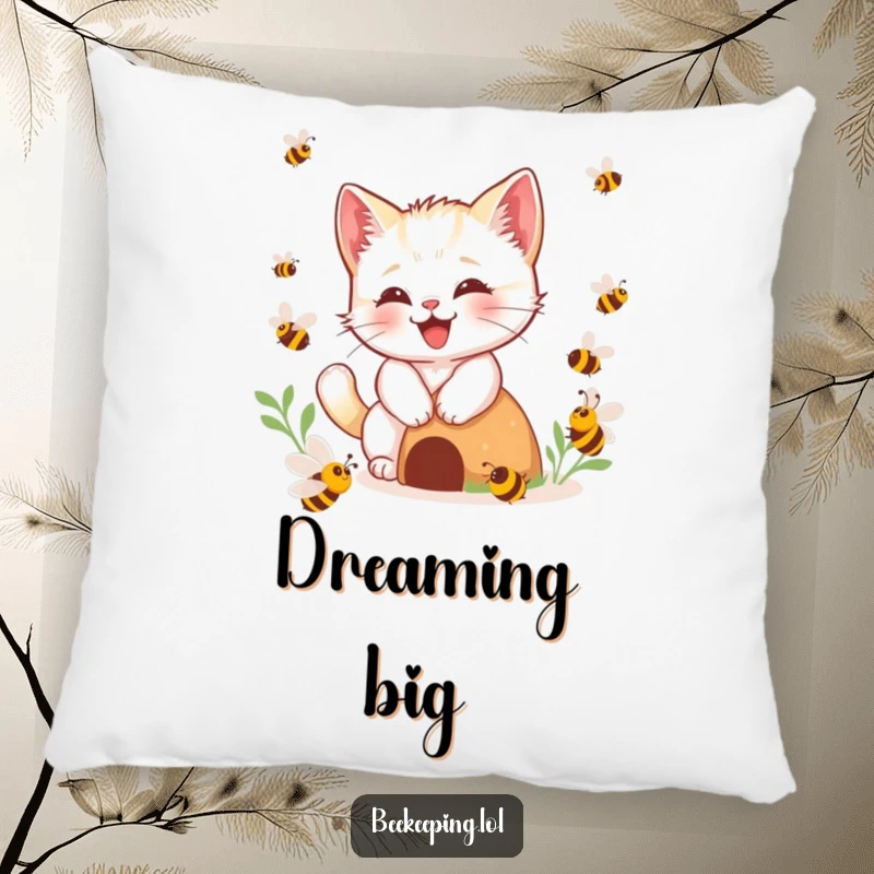 Funny kitten bee pillow, happy kitten buzzing playfully near a hive, soft and decorative, perfect funny gift.