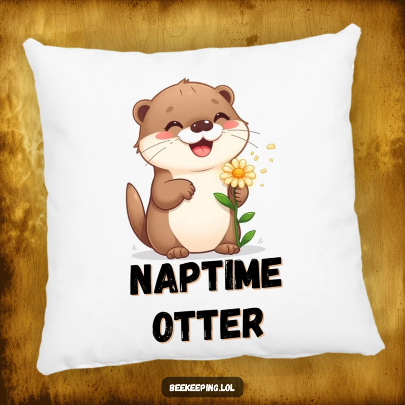 Funny playful otter sprinkling a flower, offering comfort and pure joy on a decorative pillow.
