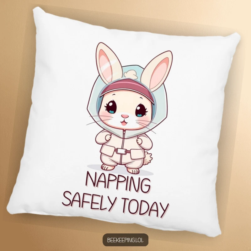 Funny rabbit in a bee veil and protective suit on a soft pillow, decorative and comfortable, humorous gift.