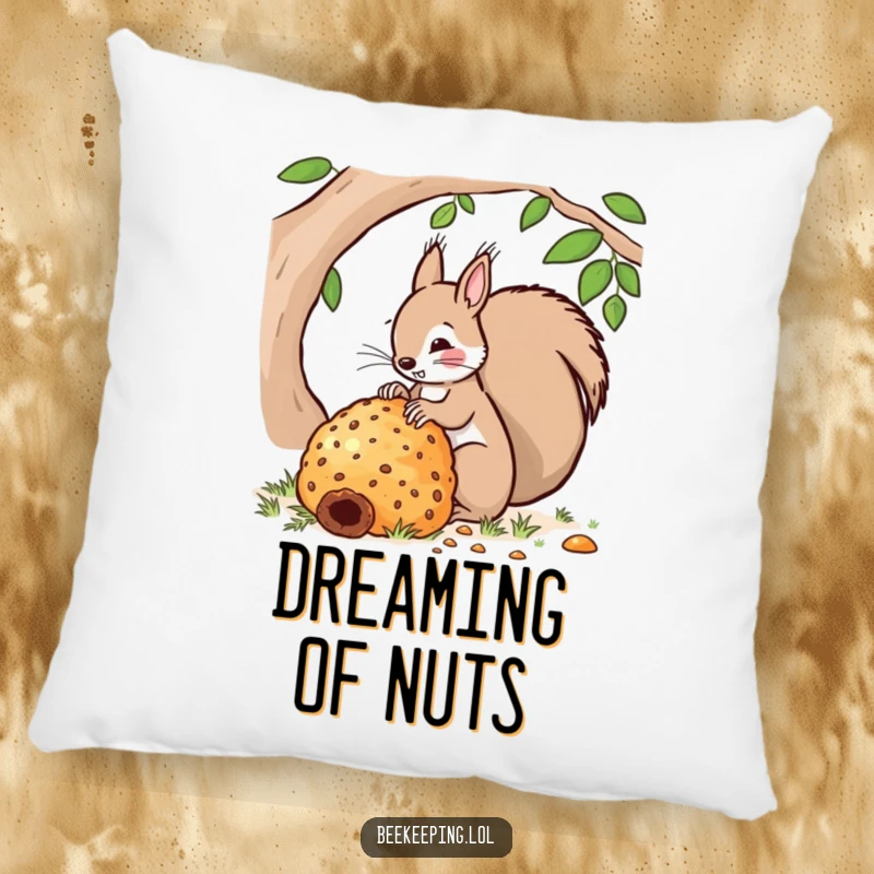 Funny pillow depicting a squirrel diligently tending to a very large beehive. Soft, humorous, and decorative for any room.