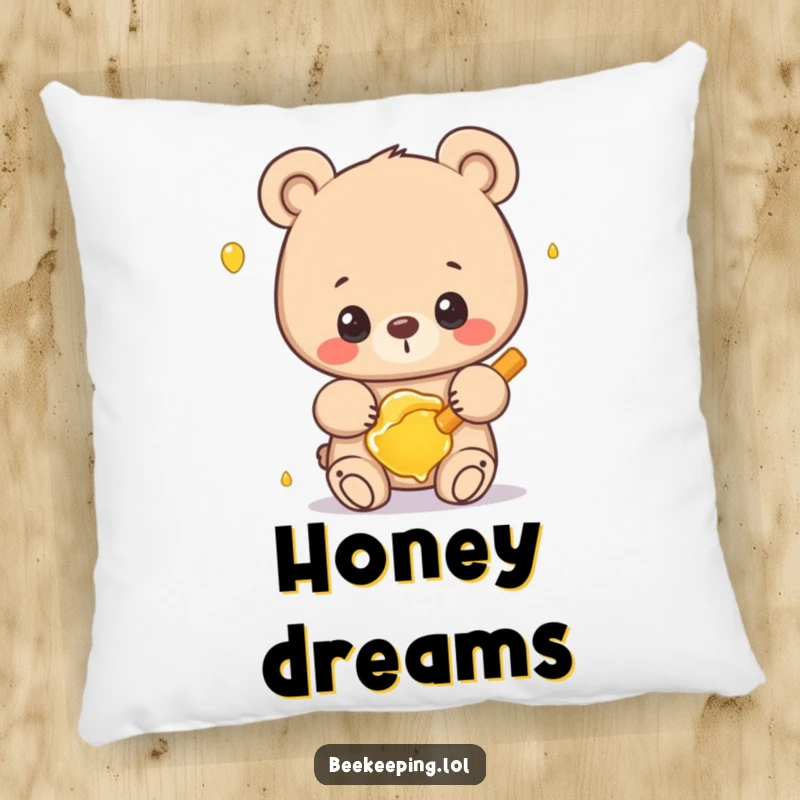 Funny bear pillow with a proud bear gently handling a frame of honey, a soft and humorous decorative item.