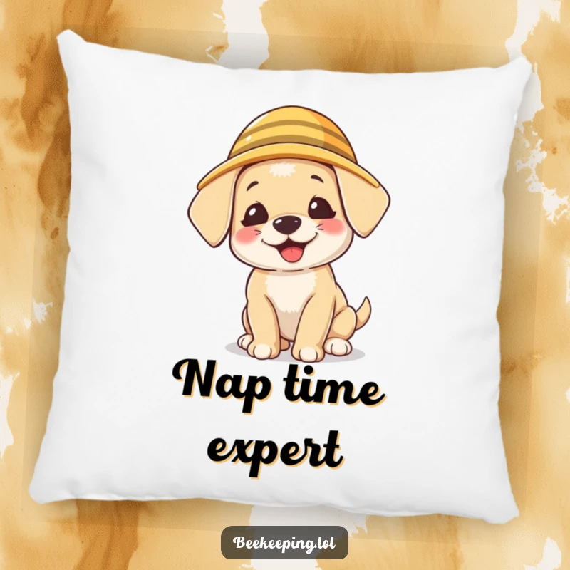 Funny Puppy Beekeeper Pillow, soft and cozy, a giggling puppy wearing a tiny beekeeper hat, humorous pet accent.