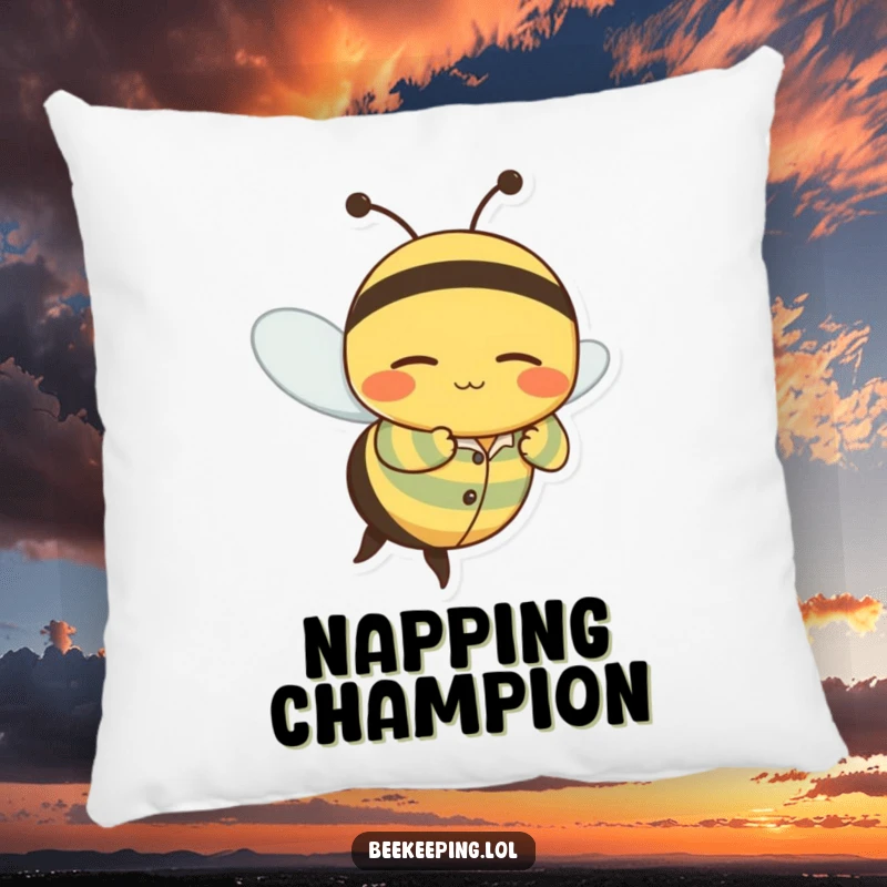 Funny pillow with a wobbly bee character in striped pajamas flying with a content, sleepy grin, offering comfort and peace.