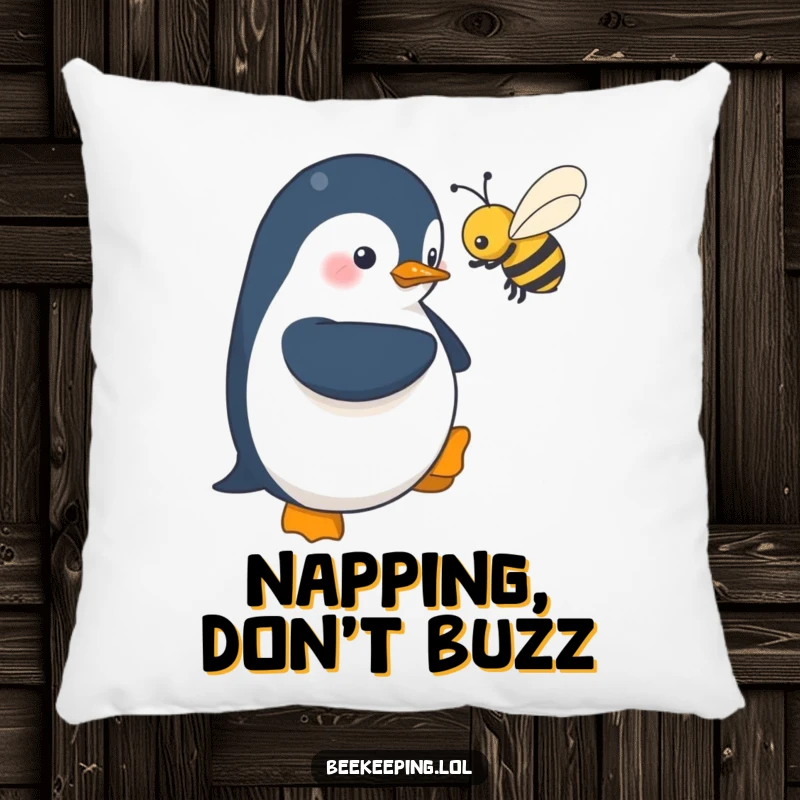 Funny pillow design: a shy penguin hovers near a buzzing bee, offering soft comfort and a heartwarming, humorous touch to any room.