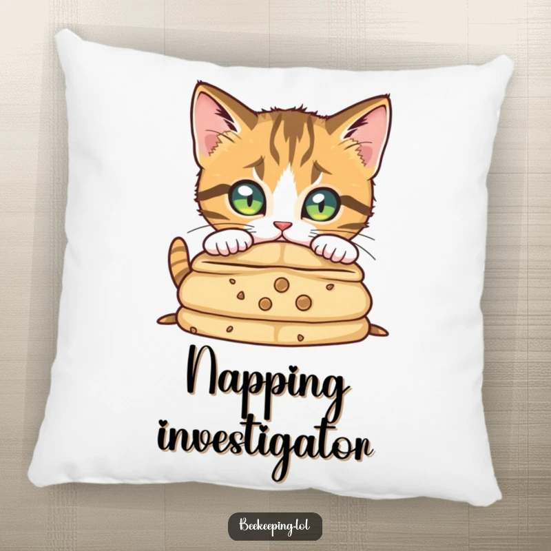 Funny curious cat peering into a beehive, offering comfort and gentle humor on a decorative pillow.