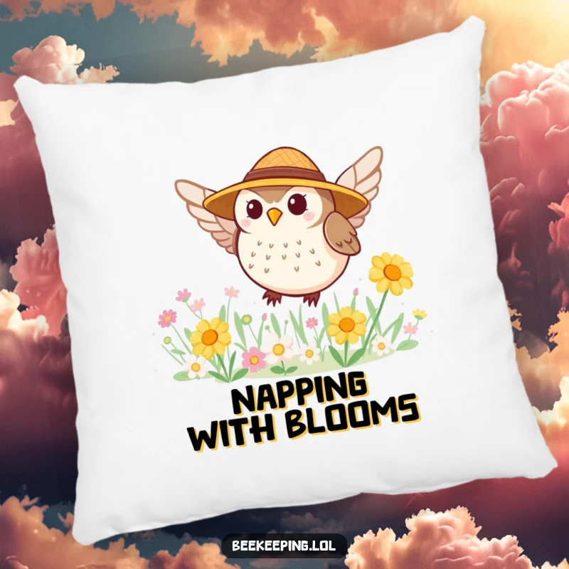 Funny pillow with a tiny, round owl in a straw hat buzzing around a flower patch, offering comfort and whimsy.