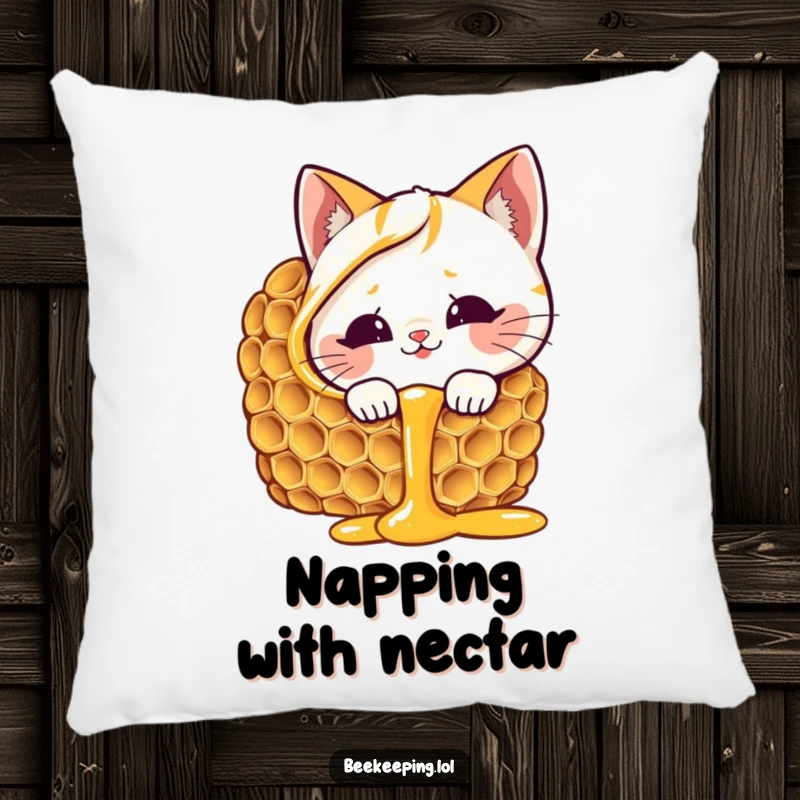 Funny cat honeycomb pillow, giggling cat peeking into dripping honey, soft and decorative, perfect funny gift.