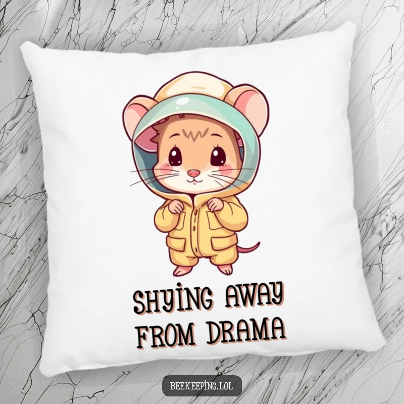 Funny shy mouse peeking from a beekeeping suit on a soft pillow, adding humorous charm to any space.