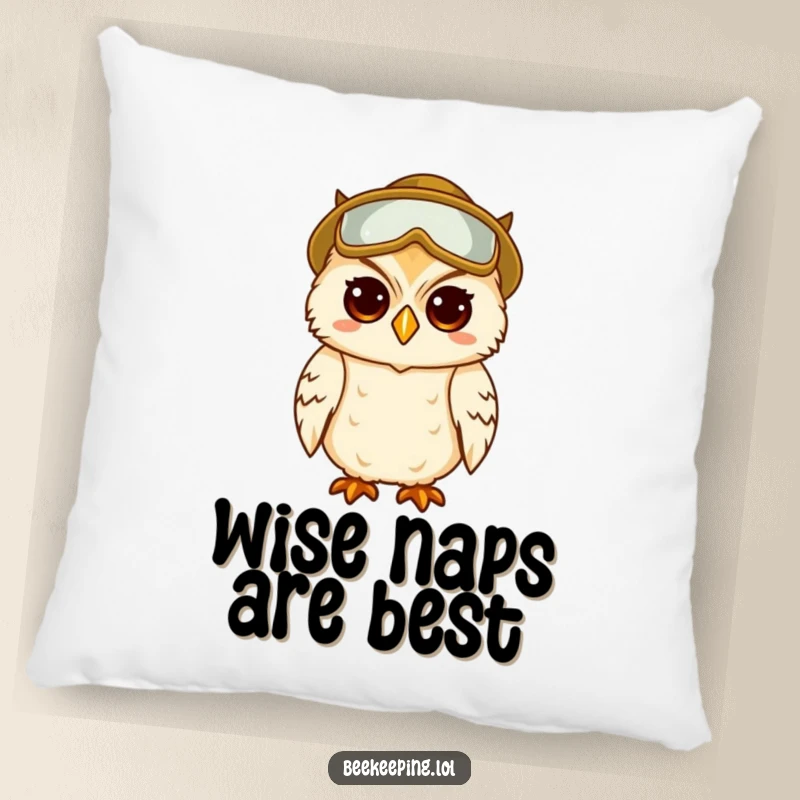 Funny pillow featuring a wise owl wearing beekeeper gear, looking amused and intelligent.