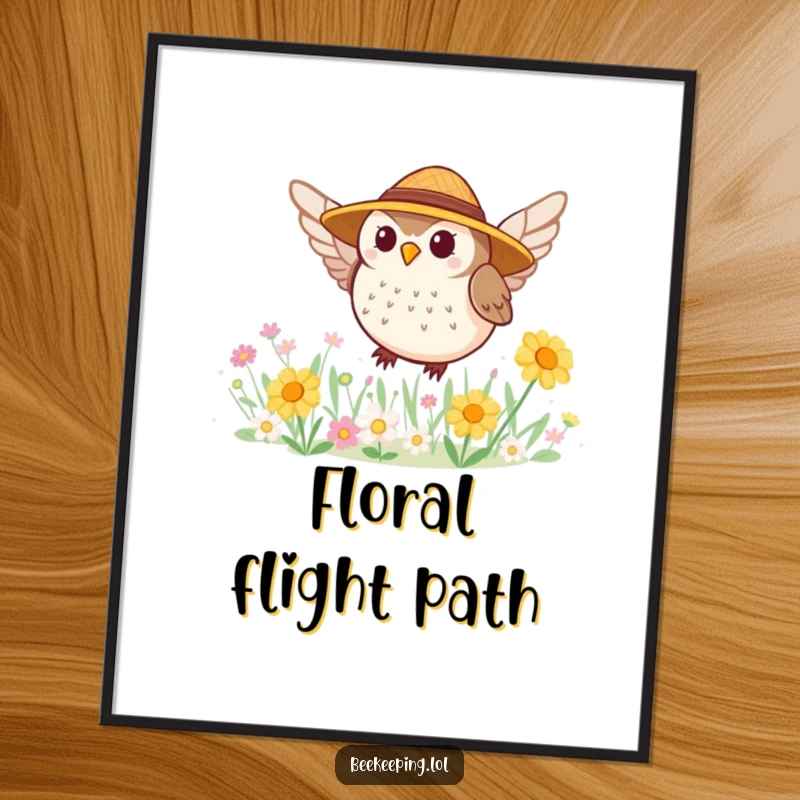 Funny digital art print of a tiny, round owl in a straw hat buzzing around a flower patch, radiating charm.