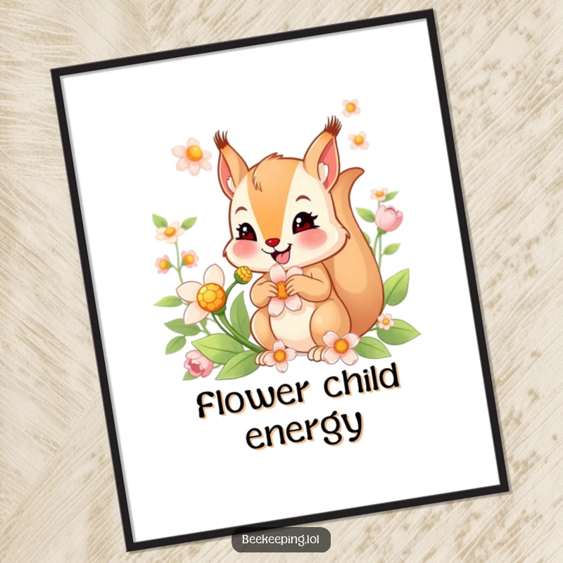 Funny digital art print of a smiling squirrel collecting nectar from a flower, creating a joyful and whimsical decorative piece.