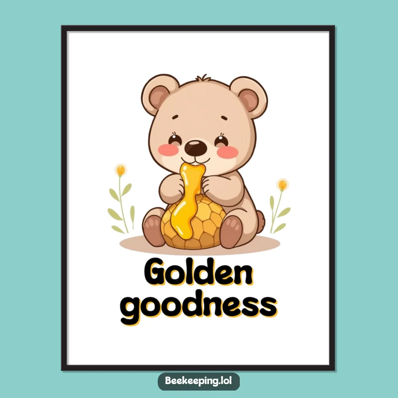 Funny Bear Cub Honey Digital Art - Charming Sweet Comb Print, Instant Humorous Gift