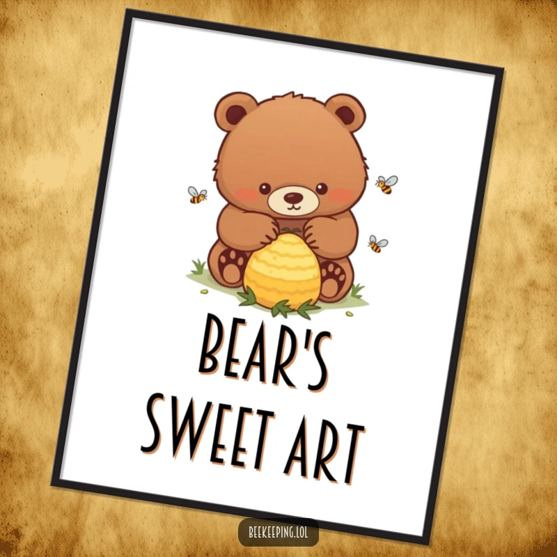 Funny Bear Digital Art: A high-resolution image of a determined bear gently caring for a vibrant, buzzing beehive.