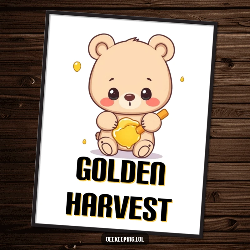 Funny bear digital art print of a proud bear gently holding honey, offering humorous nature-themed decor.
