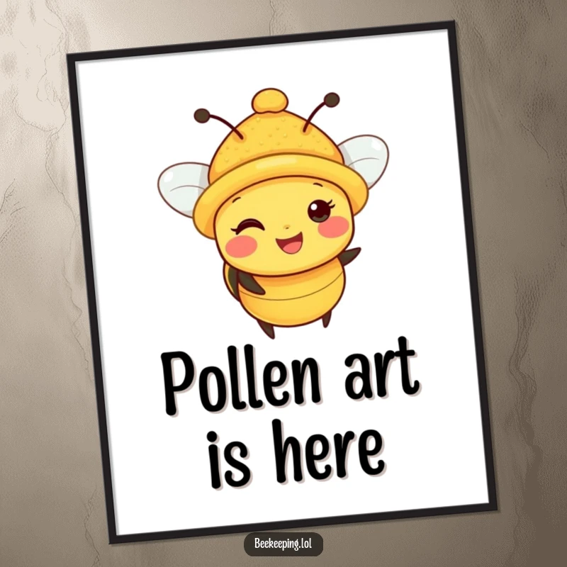 Funny Bee Digital Art: A vibrant, high-resolution image of a happy bee wearing a pollen-laden tiny hat.