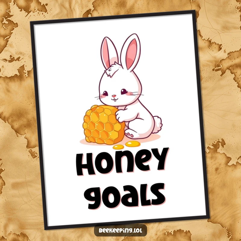 Funny bunny digital art print of a curious rabbit investigating a honeycomb, perfect for a funny gift.