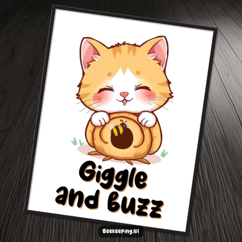 Funny digital art print: a giggling cat curiously peers into a tiny beehive, a humorous and delightful illustration for instant download.