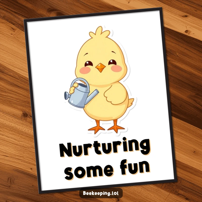 Funny chick holding a tiny watering can, rendered as downloadable digital art, offering instant cheerful and humorous decor.