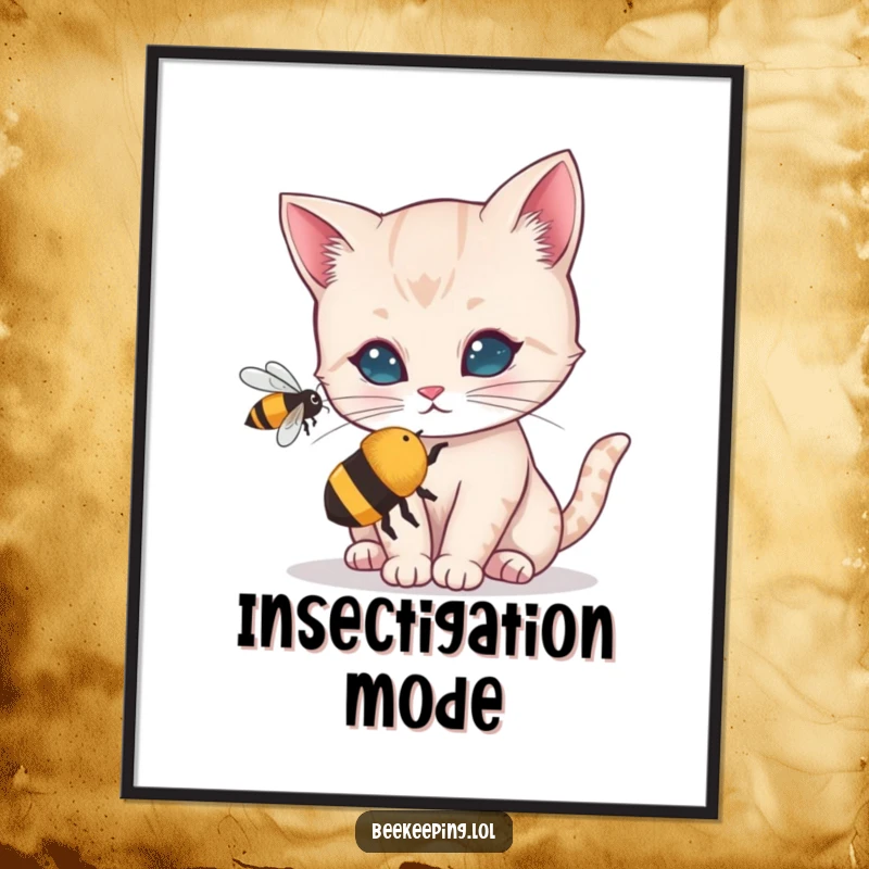Funny digital art print of a curious cat intently inspecting a small buzzing bee. High-resolution humorous artwork for instant download.
