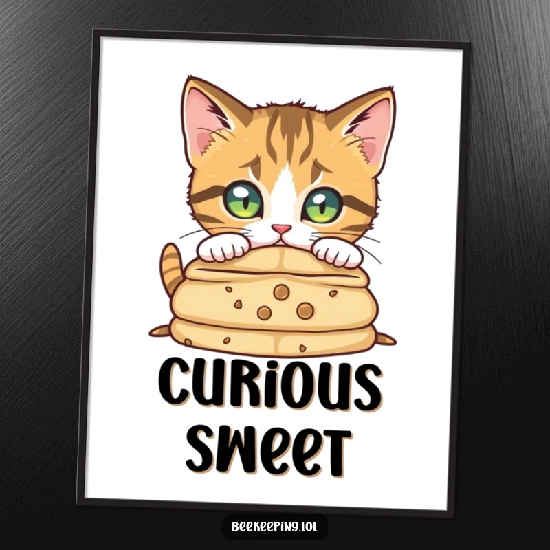 Funny curious cat peering into a beehive, bringing instant intrigue and humor as a downloadable art print.