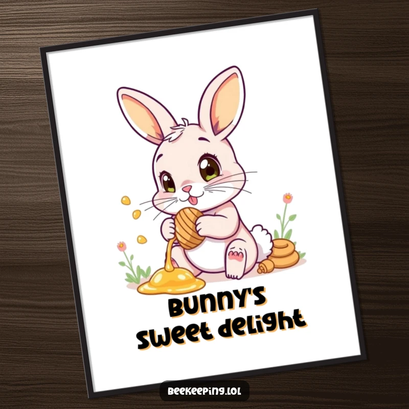 Funny digital art print of a bunny collecting honey, its eyes wide with enchanting wonder.
