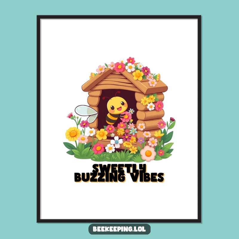 Funny Digital Art Print: Busy Bee Flower Hive - Cheerful Wall Decor Gift