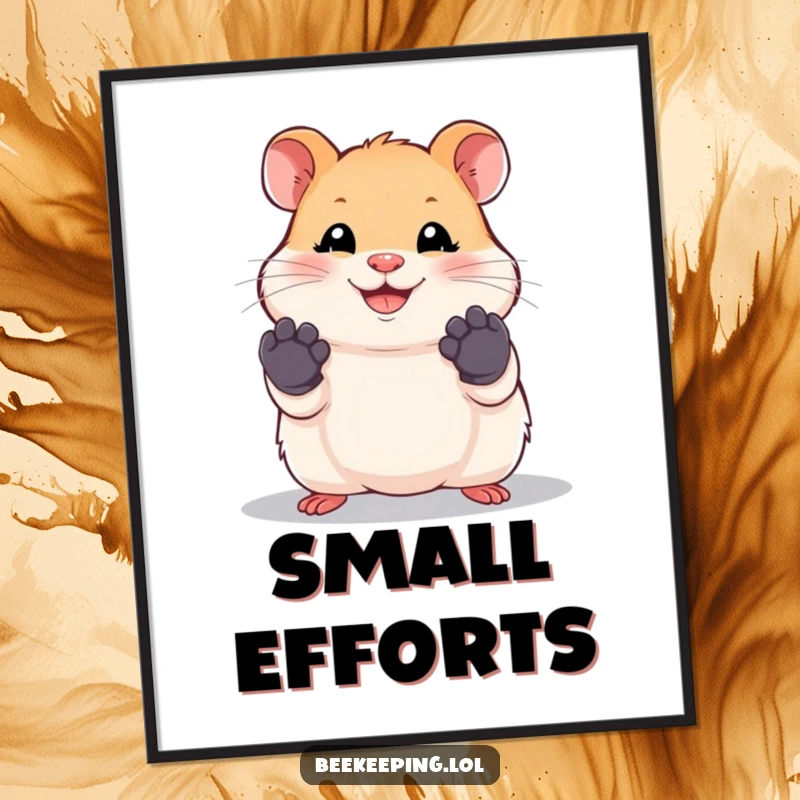 Funny hamster digital art print of a smiling hamster wearing tiny work gloves, offering humorous decor.