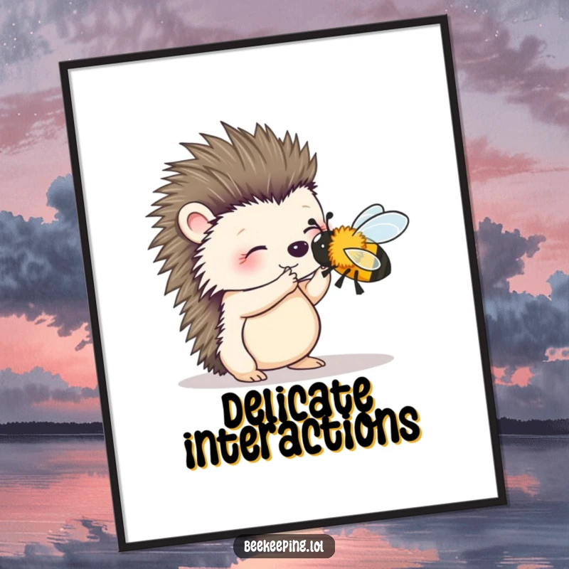 Funny digital art print of a wobbly hedgehog gently attempting to brush a bee, capturing a moment of sweet interaction.