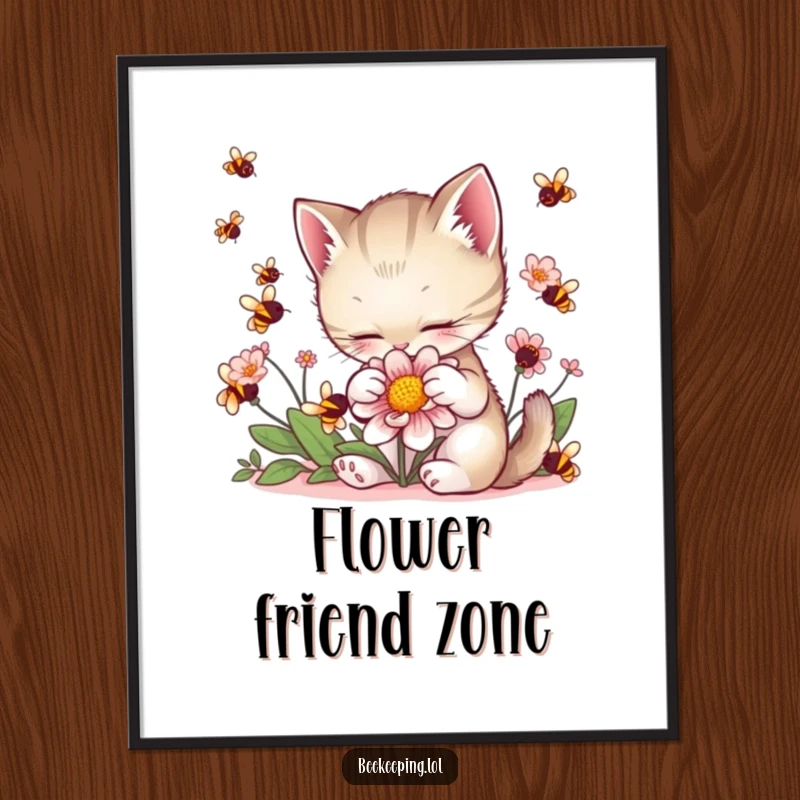 Funny Kitten Flower Digital Art: A kitten gently pets a flower with bees buzzing, a charming and downloadable piece.