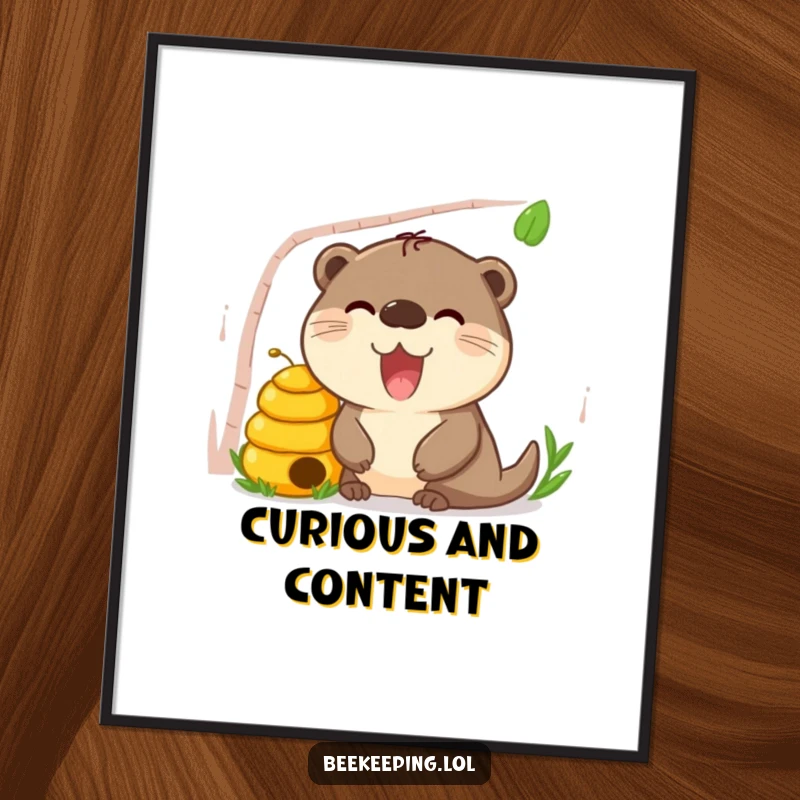 Funny Otter Beehive Digital Art Print, instant download, happy otter peeking curiously into a beehive, whimsical animal art.